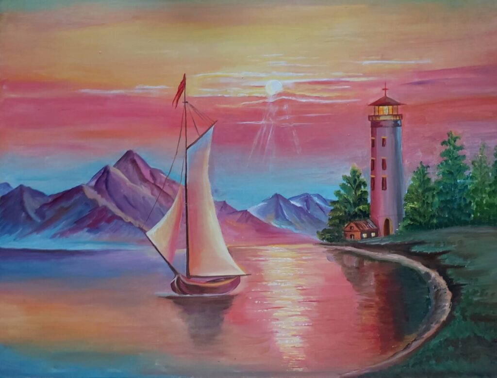 Картина с изображением моря корабля и маяк